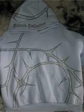 Light Blue Rhinestone Thorn-Print Hoodie - Men Sweaters